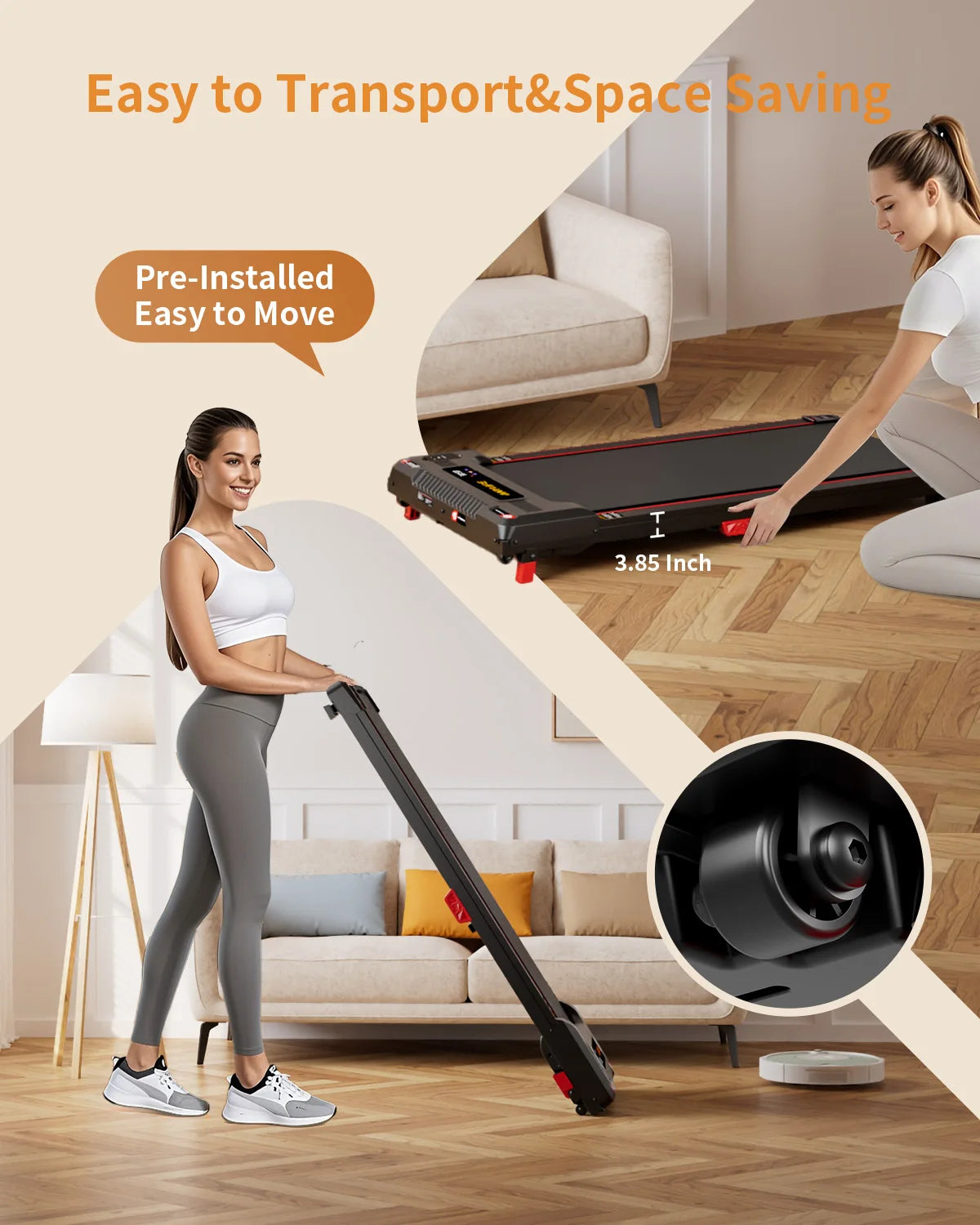 Under Desk Treadmill Incline Walking Pad 2.5HP Portable Home Use