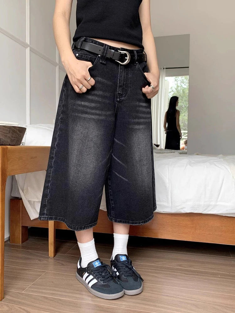 Linglsix High Waist Denim Shorts Loose Fit Harajuku Streetwear