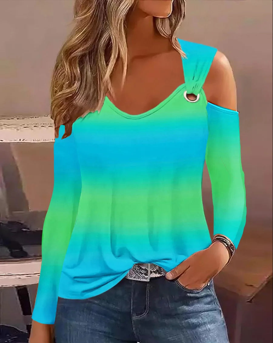 Women Jersey Knit Blouse With Denim Look Print Eyelet