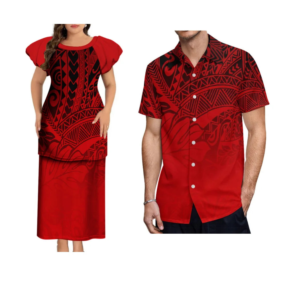 Puletasi Custom Polynesian Floral Print Long Dress Tonga Fiji Samoa Island Couple Suit Men'S Shirt Women'S Long Dress 2025 New
