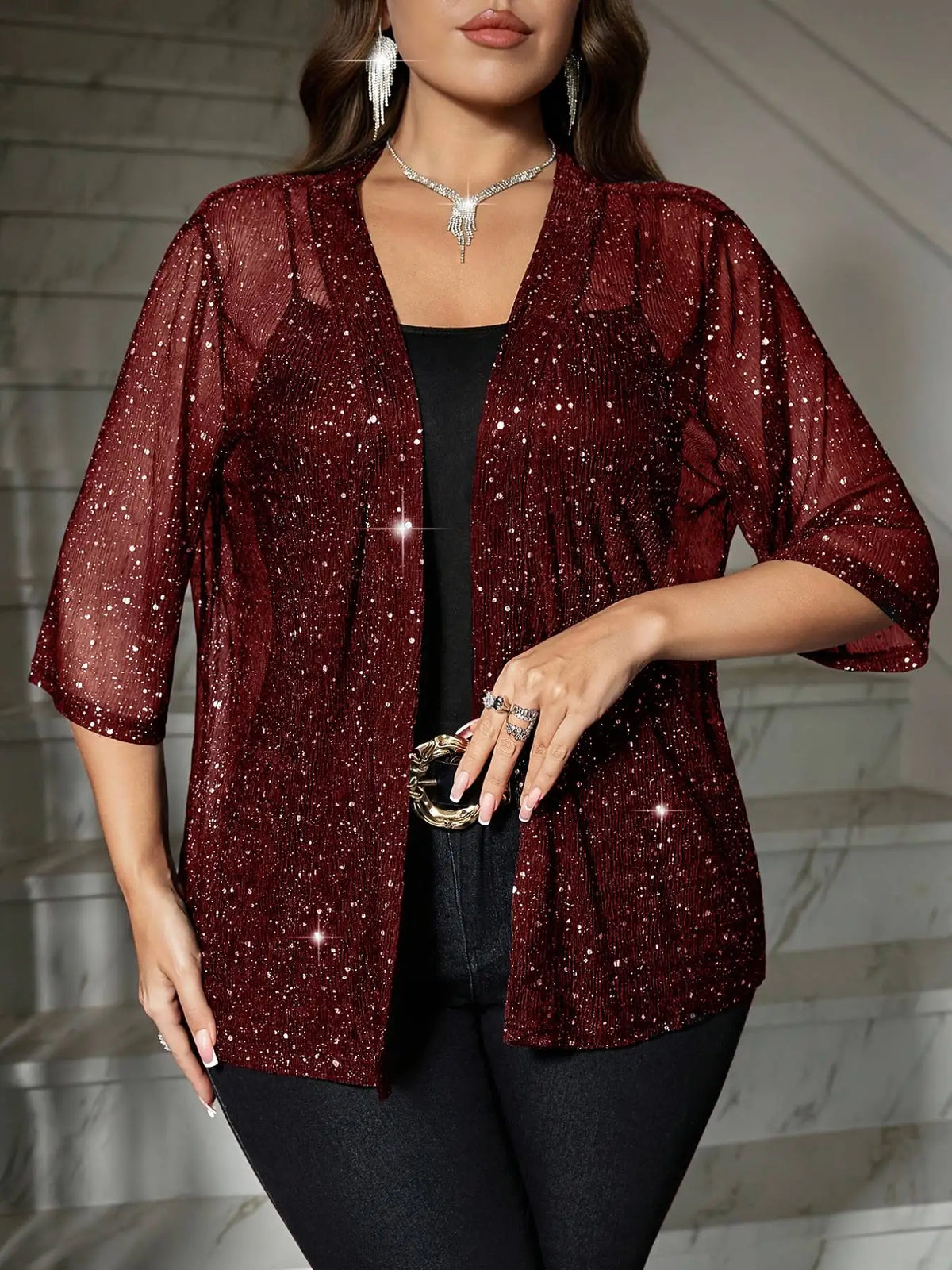 Womens Glitter Mesh Kimono Cardigan With Three Quarter Sleeves