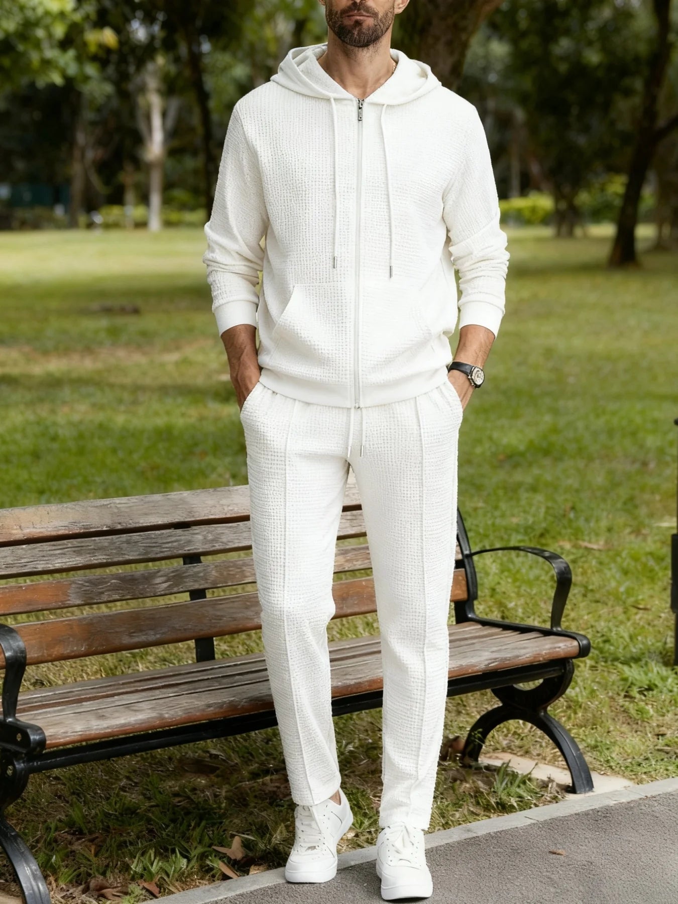 NONECN Spring Autumn Mens Waffle Tracksuit Set Hooded Jacket Pants