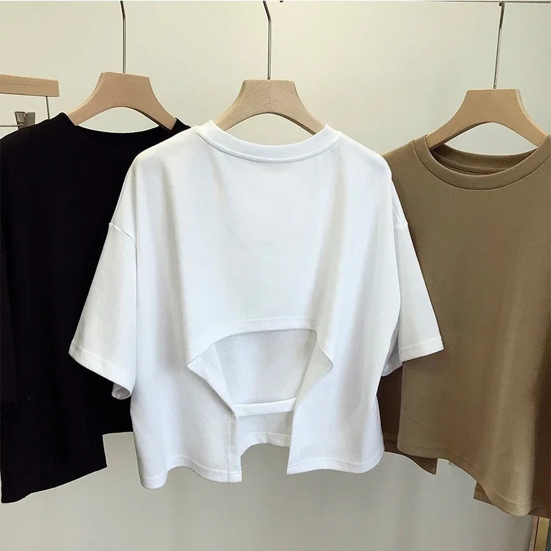 Dawndesslo Backless Summer Crop Top For Women Round Neck Tee