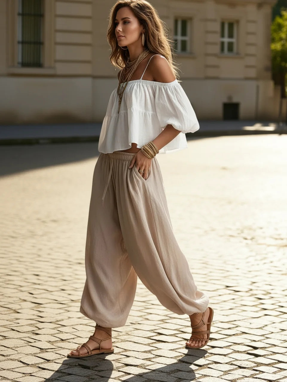 Women Boho Off Shoulder Crop Top And Harem Pants Set