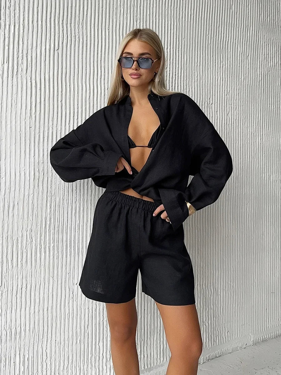 Bornladies Cotton Short Set With Long Sleeve Shirt And Elastic Waist Shorts