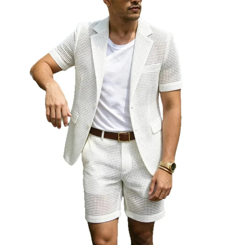 KIDWHXR Summer Men Suit Set Thin Plaid 2 Piece Outfit
