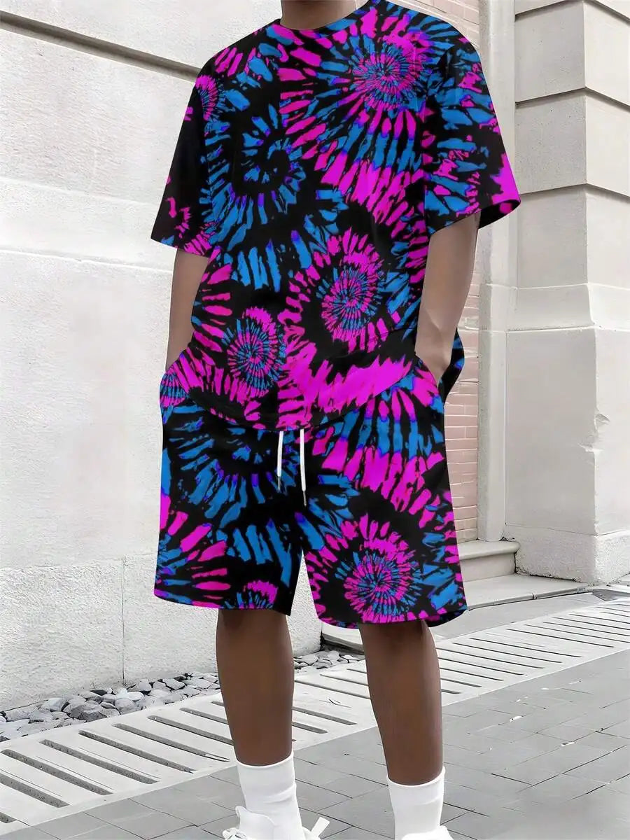 Mens Tie-Dye Two-Piece Short Sleeve Tee And Shorts Set