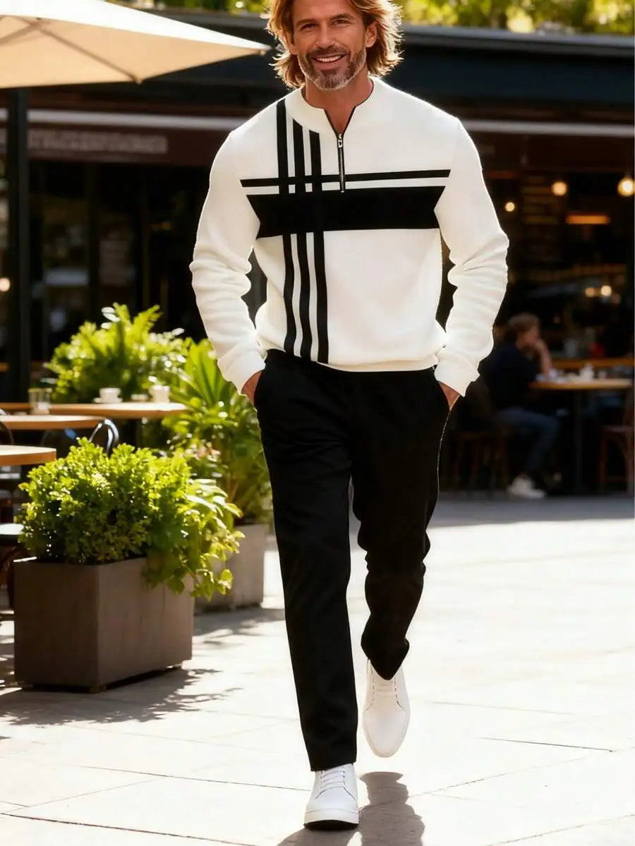 Mens Polyester 3D Print Sportswear Set Zipper Top Long Pants