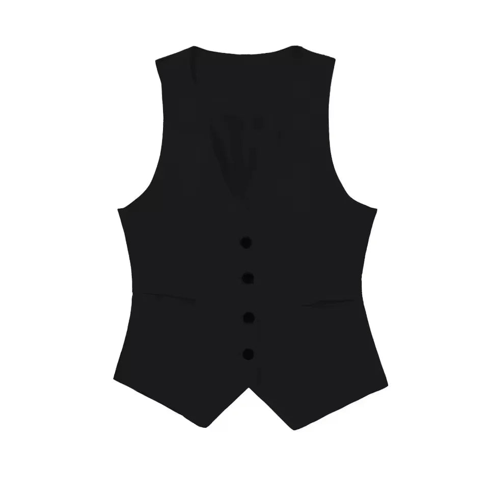 HH Women Fitted Solid Vest Top V Neck Button Streetwear