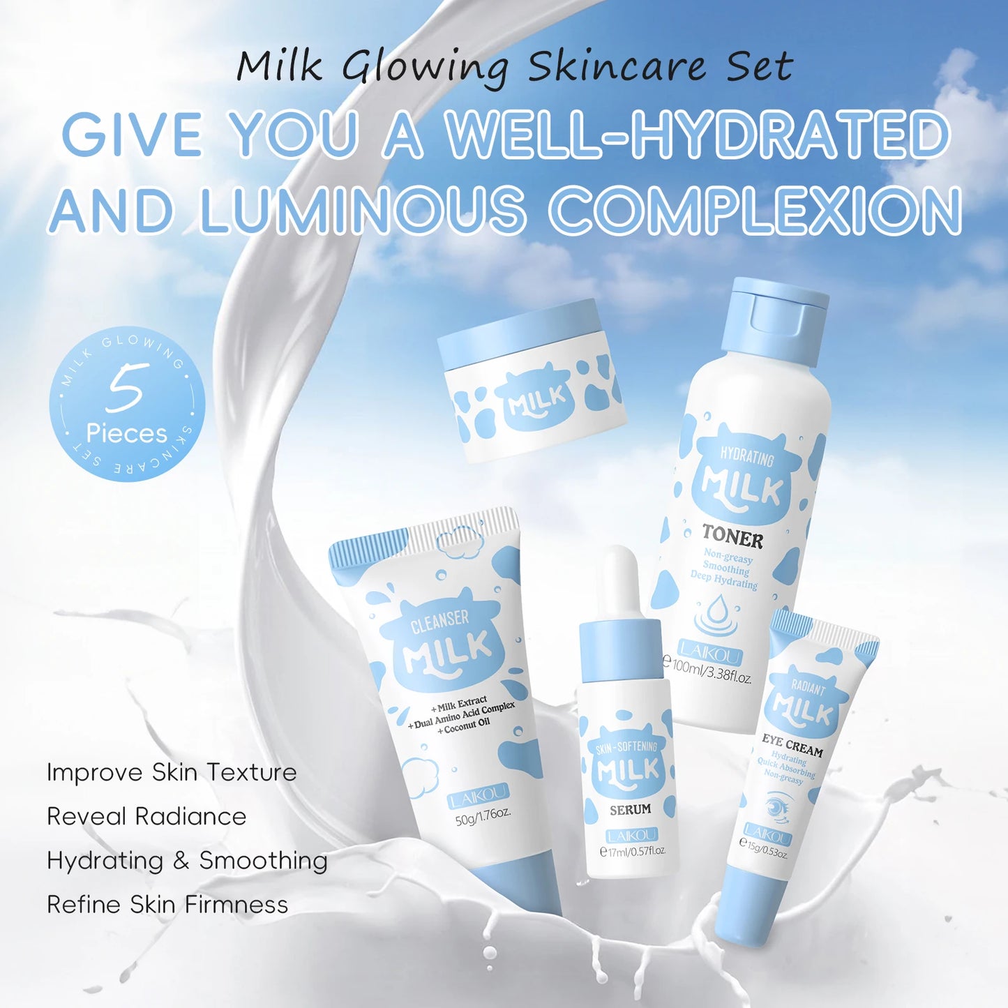 LAIKOU Milk Glowing Skincare Set Hydrating Brightening Anti Aging Firming