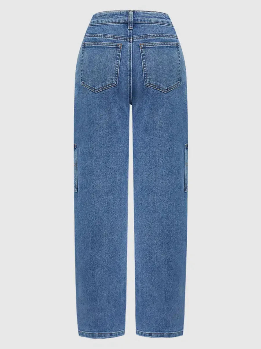 HME Women's High Waist Cargo Pocket Straight Leg Denim Jeans