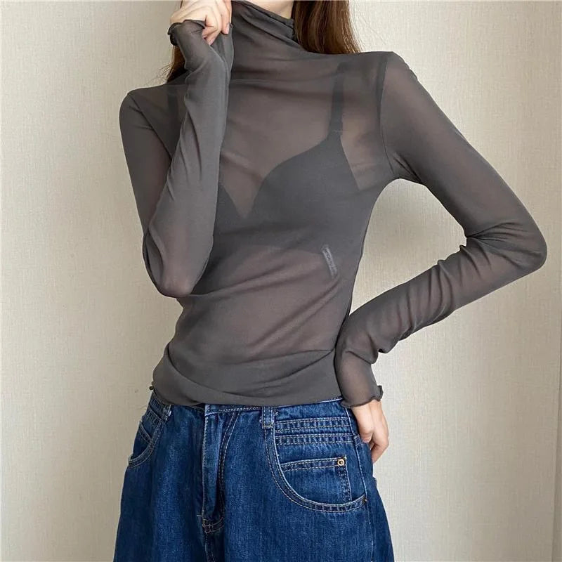 TDFunlive High Neck Lace Blouse See Through Long Sleeve