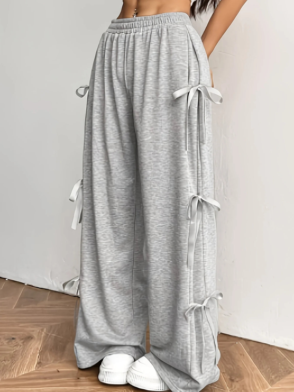 Women Bow Tie Wide Leg Casual Lounge Pants With Elastic Waist