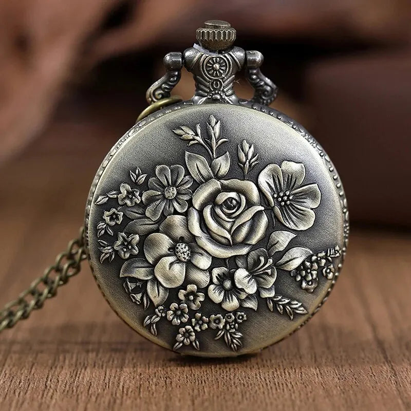 Roman Numerals Quartz Pocket Watch Unisex Hollow Carved Design Necklace Gift