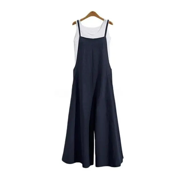 Women Cotton Blend Jumpsuit Sleeveless Wide Leg Dungaree Overalls