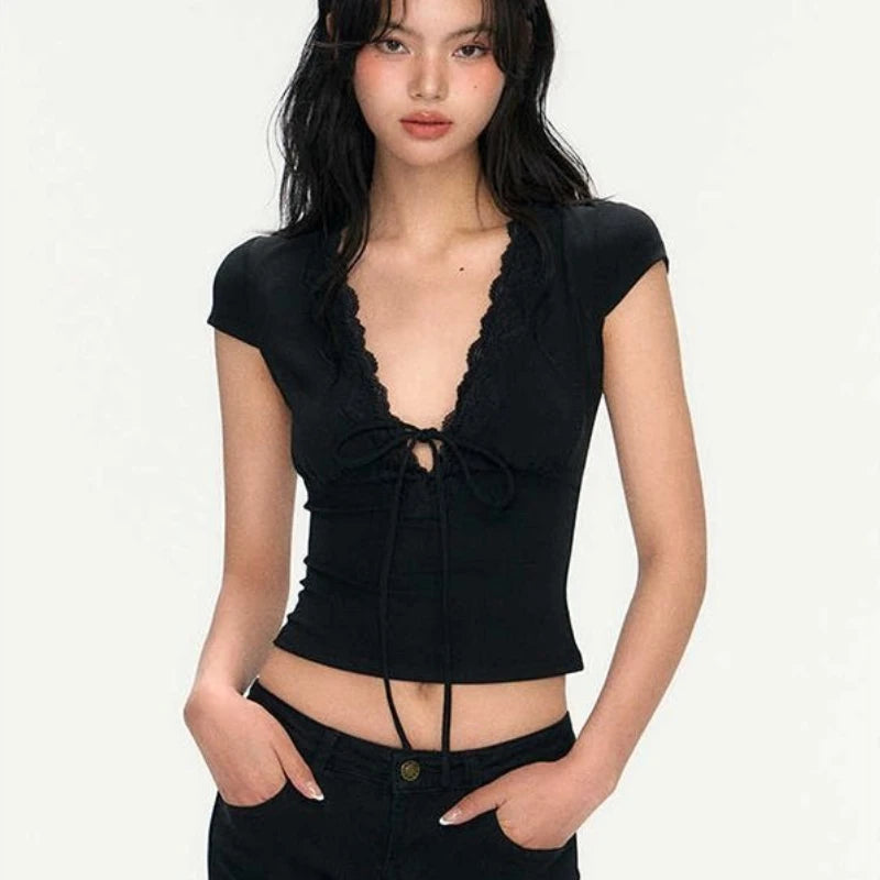 Sexy French Lace Trim T-shirt Women Deep V Neck Lace Up Solid Casual Short Sleeve Summer Vintage Slim Fit Streetwear Crop Tops