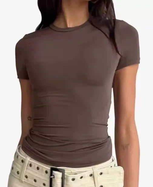 Y2K Womens Scoop Neck Crop Tops Short Sleeve Slim Fit Tee