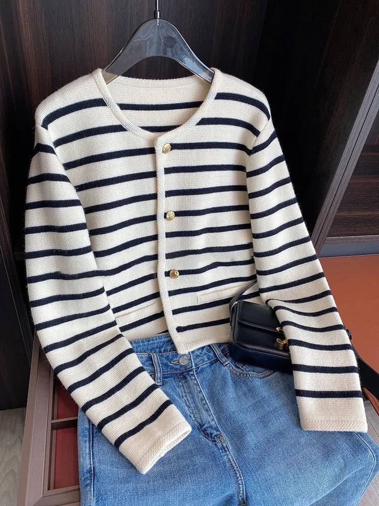 Linglsix Women Stripe Knitted Cardigan O Neck Long Sleeve