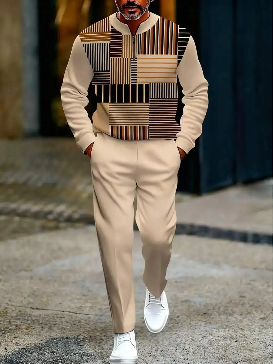 Mens Geometric Pattern Two Piece Knit Polo Suit Set
