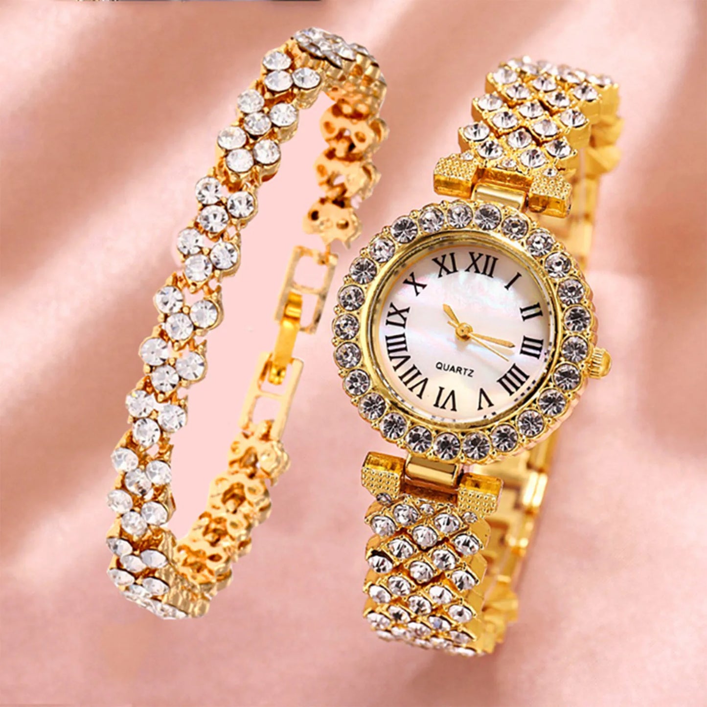 Crystal Diamond Women Watches Set Two Piece Rhinestone Bracelet Gift