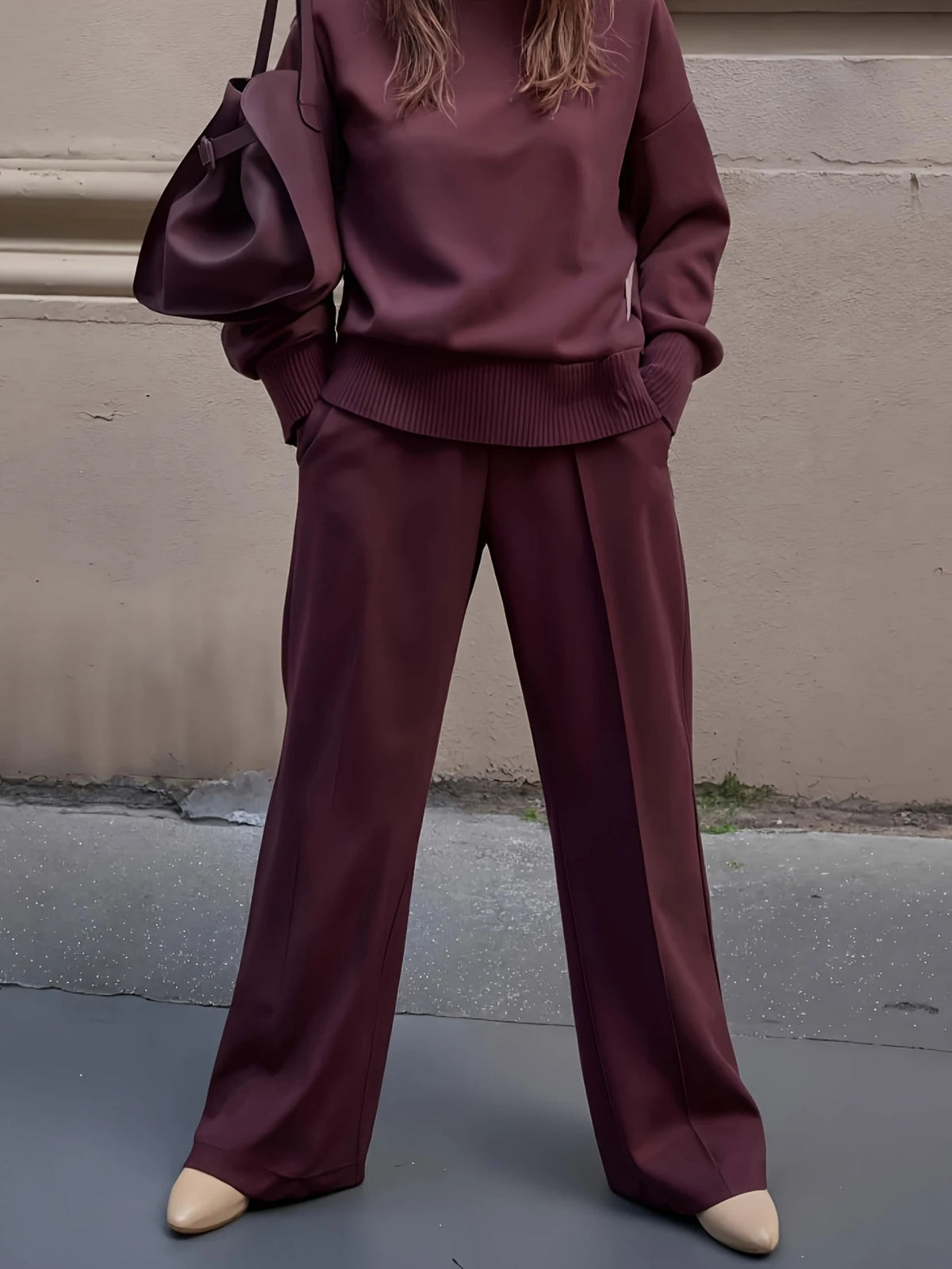 Women's Velvet Two Piece Suit With Turtleneck Sweatshirt And Wide Leg Pants