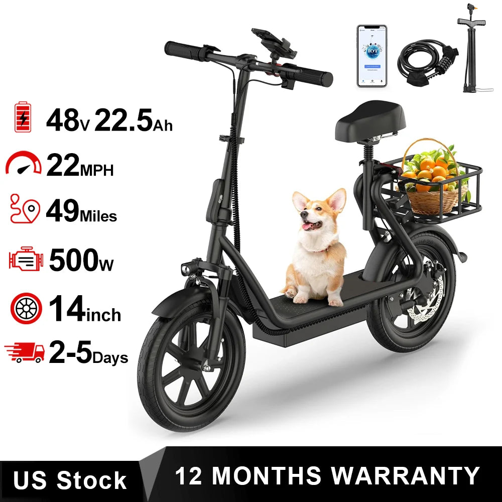 Electric Scooter With Seat For Adults 500W Motor 48V Battery Up To 28 Miles