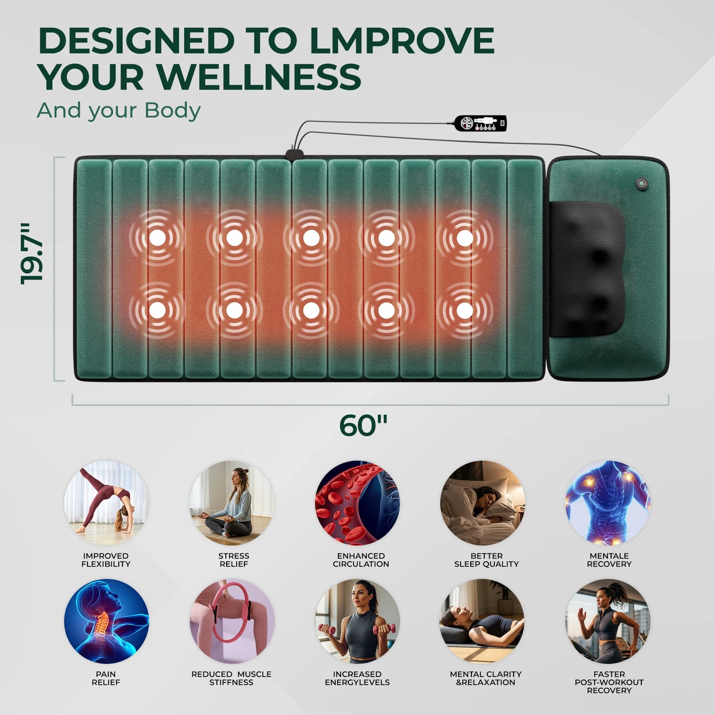 Full Body Massage Mat with Heat, Detachable Massager Pad Deep Tissue Pain Relief,10 Vibrating Motors and 9 Speed Settings Relax