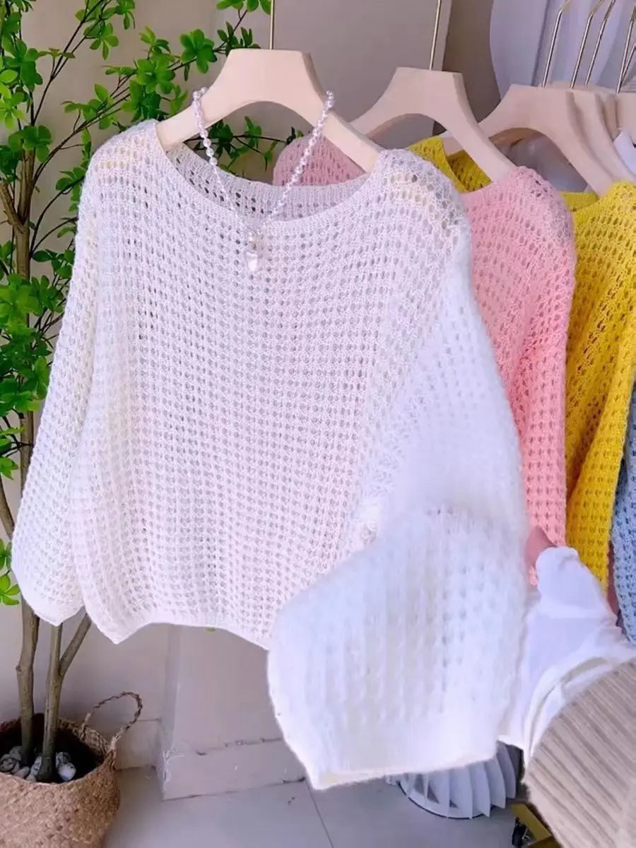 Women Thin Hollow Long Sleeve Knitted Sweater Spring Summer Top