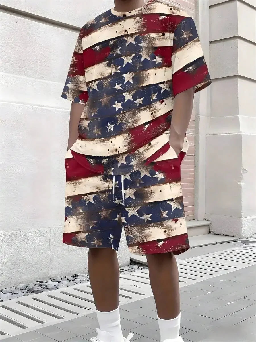 Vintage USA Flag Print Short Sleeve Tee And Shorts Set