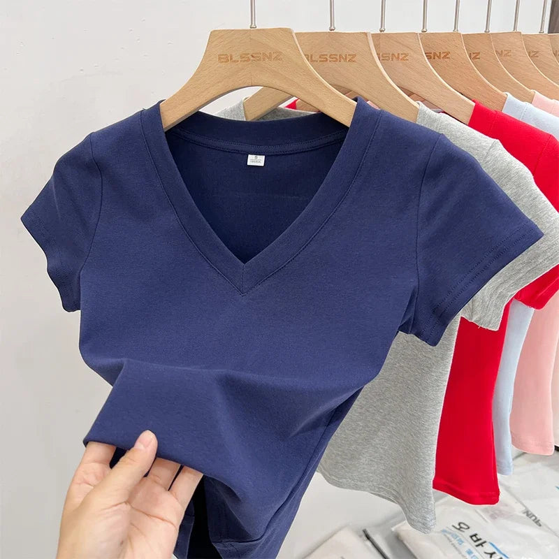 Summer Sexy V-neck Slim T Shirt Women Cotton Basic Solid Crop Tops Female Casual Tops Short Sleeve T-shirts 2026