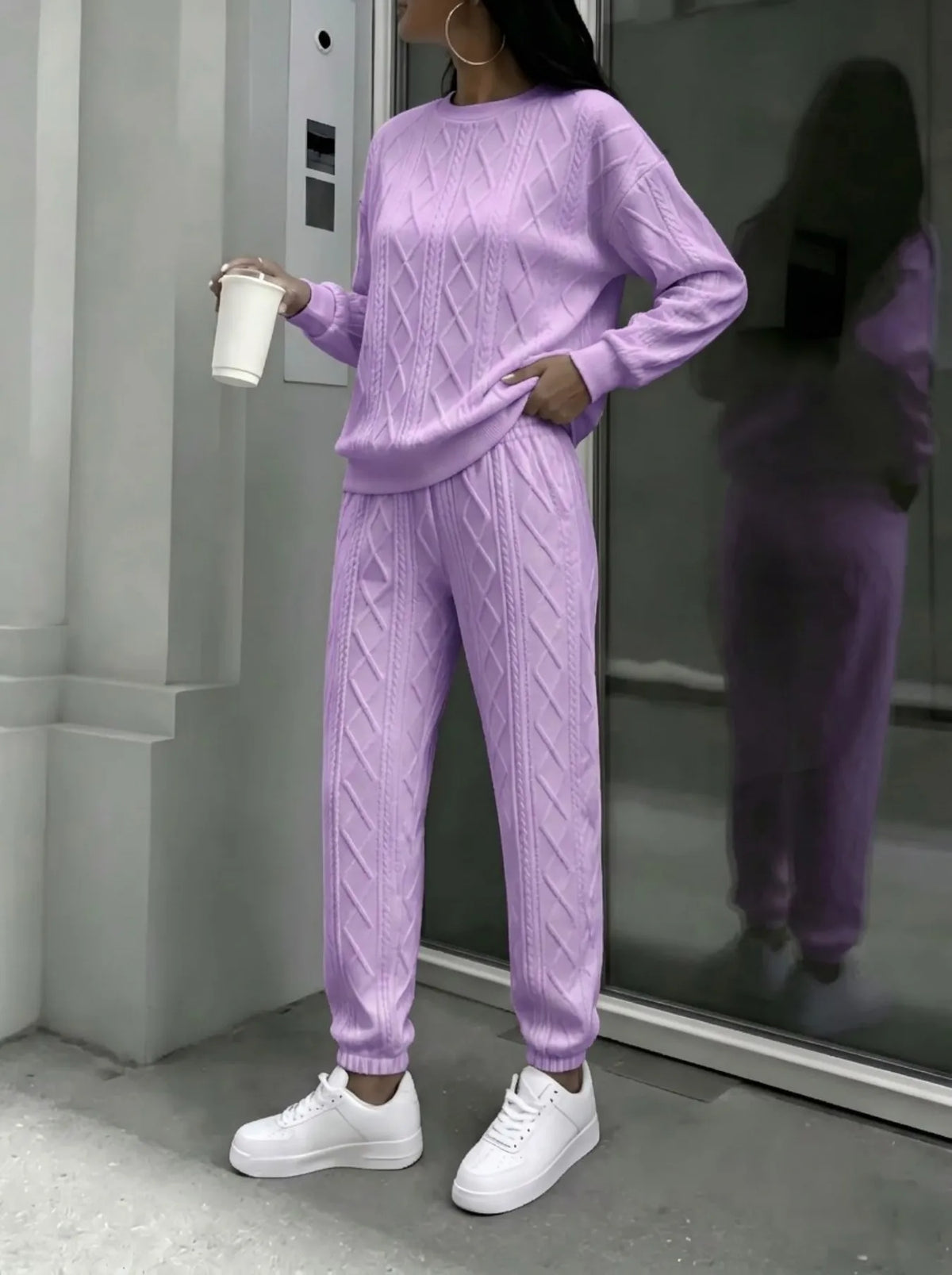 Women Cable Knit Crewneck Sweater And Jogger Pants Set