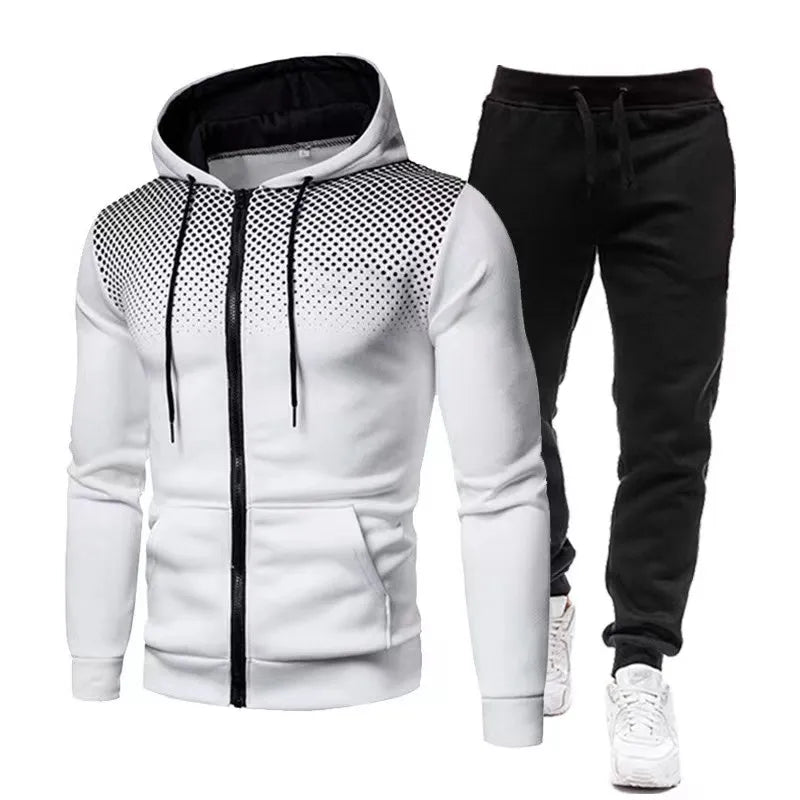 Fashion Print Tracksuit For Men Zipper Hooded Sweatshirt And Sweatpants