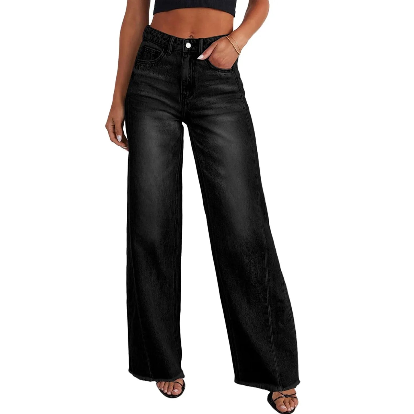 Women Wide Leg Jeans High Waist Denim Trousers With Pockets