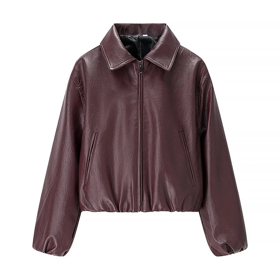 Women's Long Sleeve Leather Jacket With Turn Down Collar