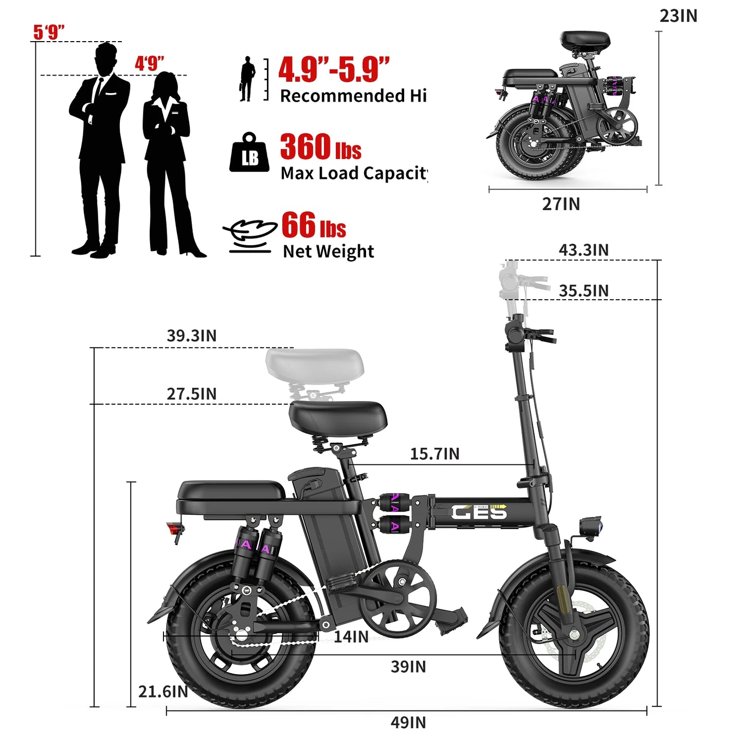 UPlee GE5 Folding Electric Bike 500W Peak Motor 48V 15Ah