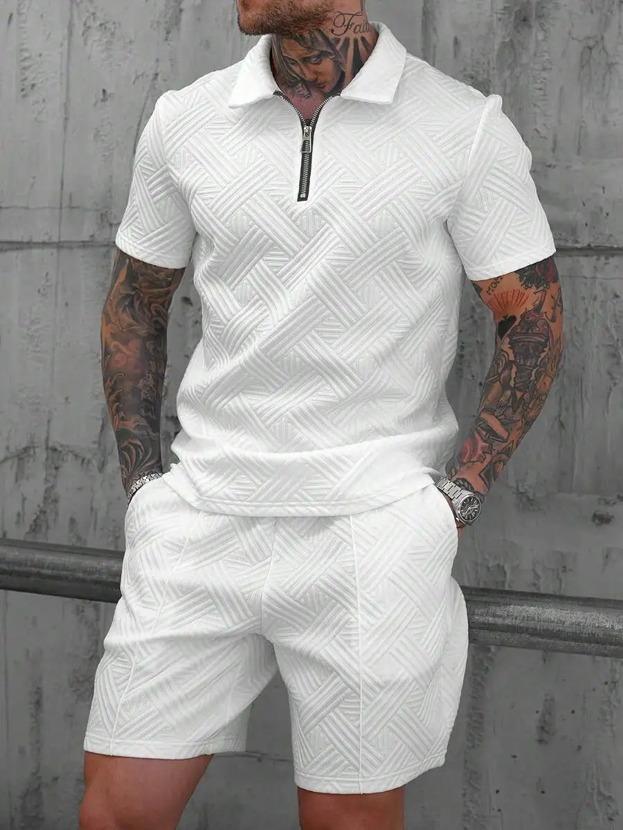 Mens 3D Textured Zipper Polo Casual Two Piece Summer Outfit