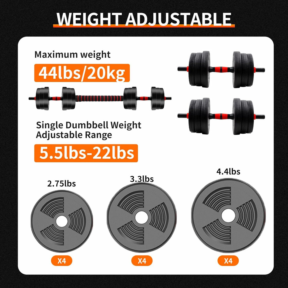 5-44lbs Adjustable Dumbbell to Barbell Set, Anti-Slip Grip, Versatile Home Gym Fitness Strength Training Barbell Weight Plates