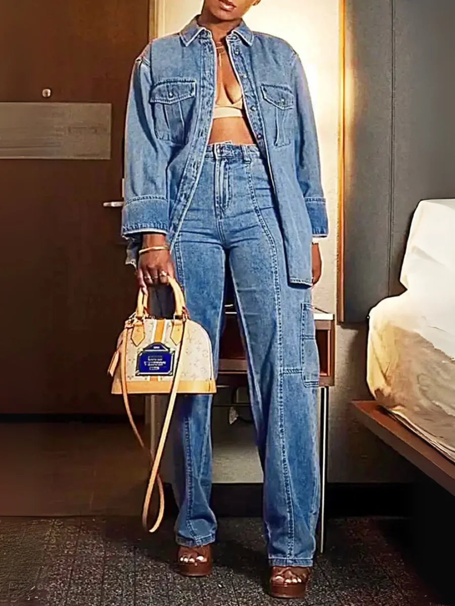 HME Women's High Waist Cargo Pocket Straight Leg Denim Jeans