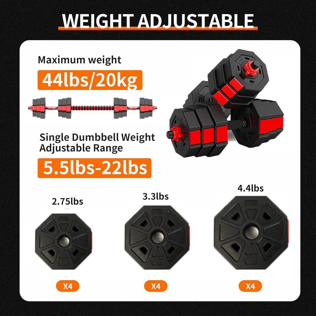 Adjustable Dumbbell To Barbell Fitness Set 44lbs Anti Slip Grip