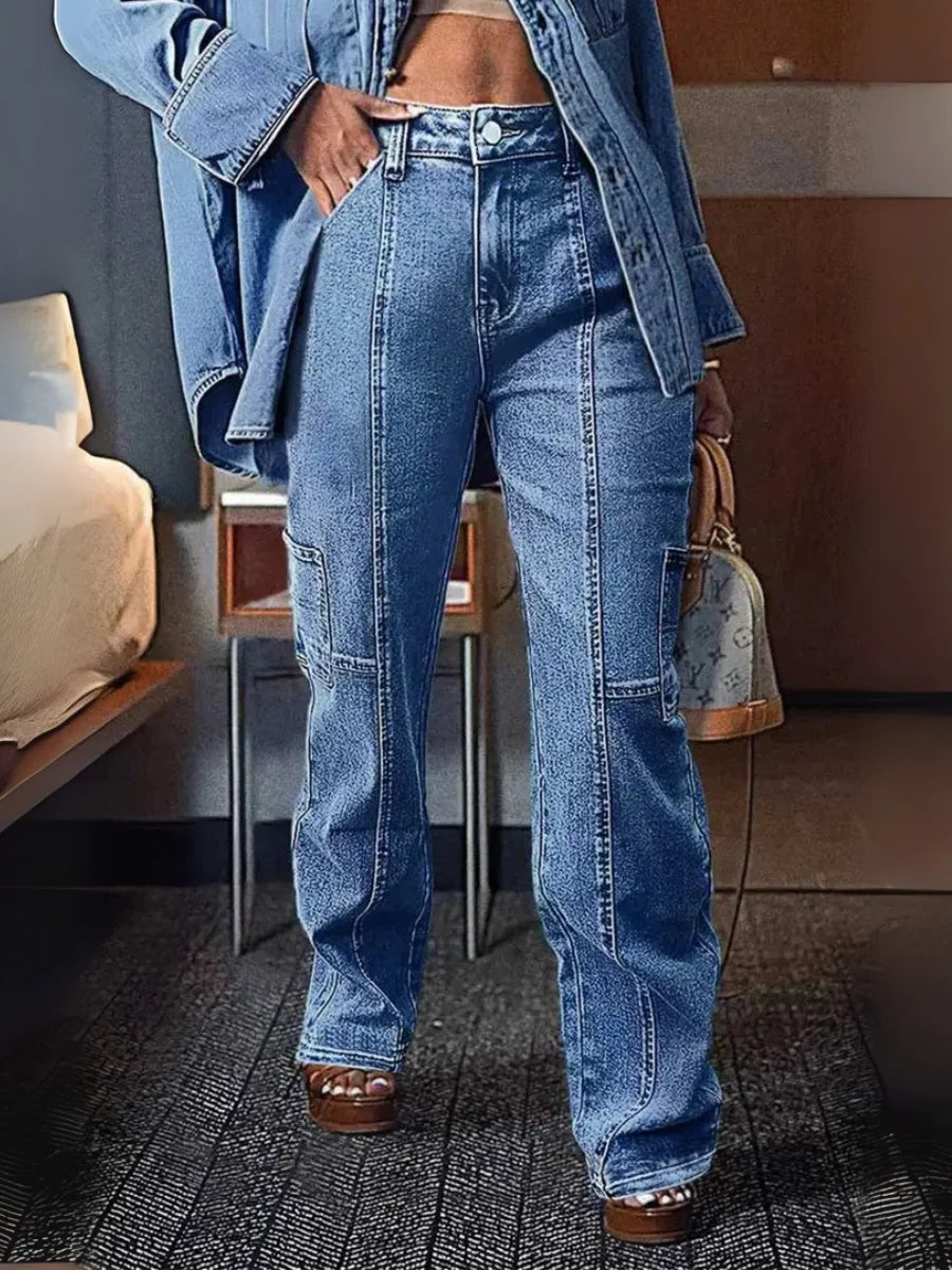 HME Women's High Waist Cargo Pocket Straight Leg Denim Jeans
