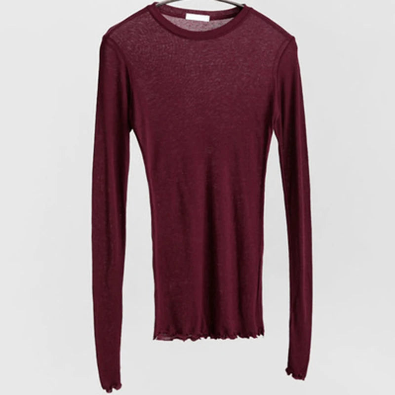 Reachshore Womens Elastic Plain T Shirt Long Sleeve Sheer Top