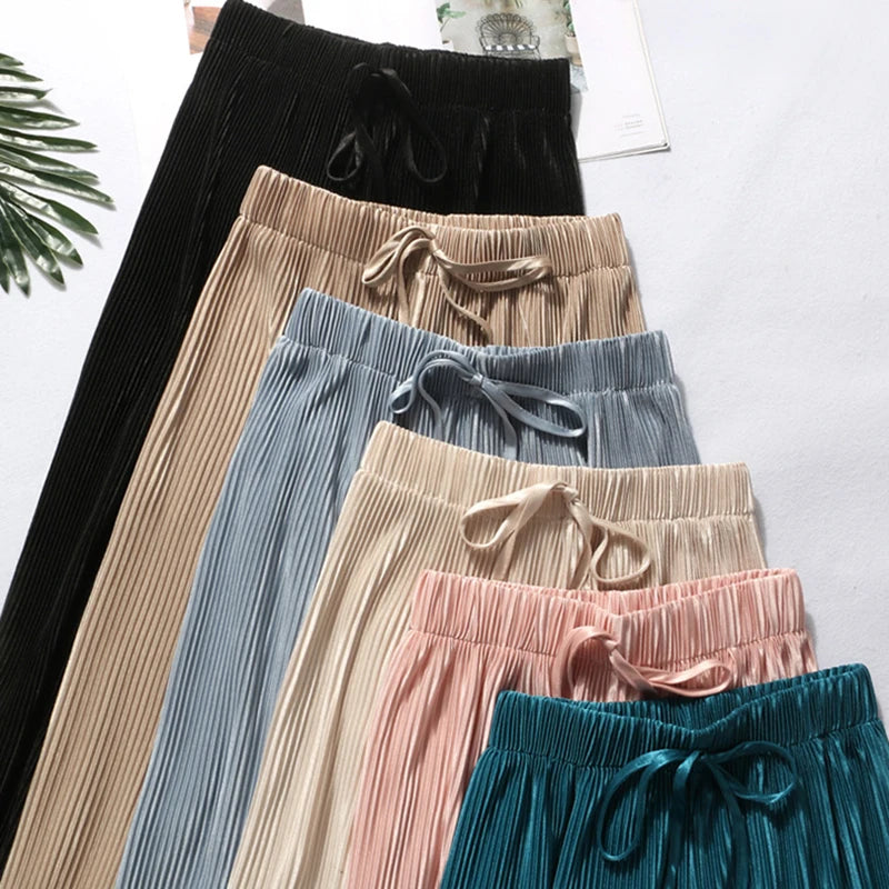 Women's Ice Silk Pleated Loose Wide Leg Trousers Casual Wear