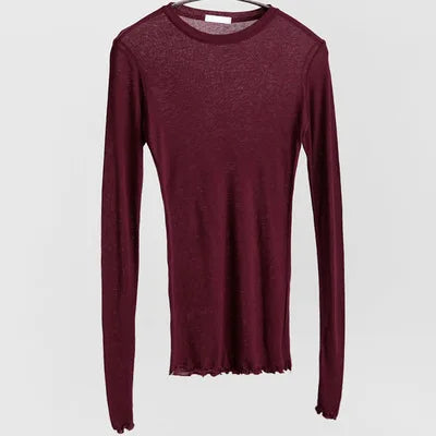 Reachshore Womens Elastic Plain T Shirt Long Sleeve Sheer Top