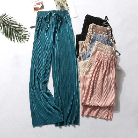 Women's Ice Silk Pleated Loose Wide Leg Trousers Casual Wear
