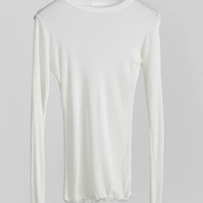 Reachshore Womens Elastic Plain T Shirt Long Sleeve Sheer Top