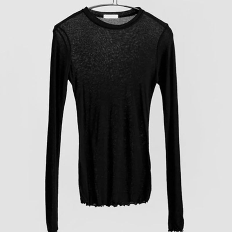 Reachshore Womens Elastic Plain T Shirt Long Sleeve Sheer Top