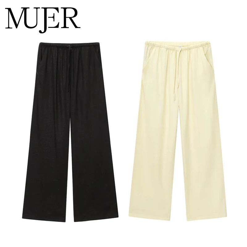 Mujer Women High Waist Pleated Wide Leg Casual Pants