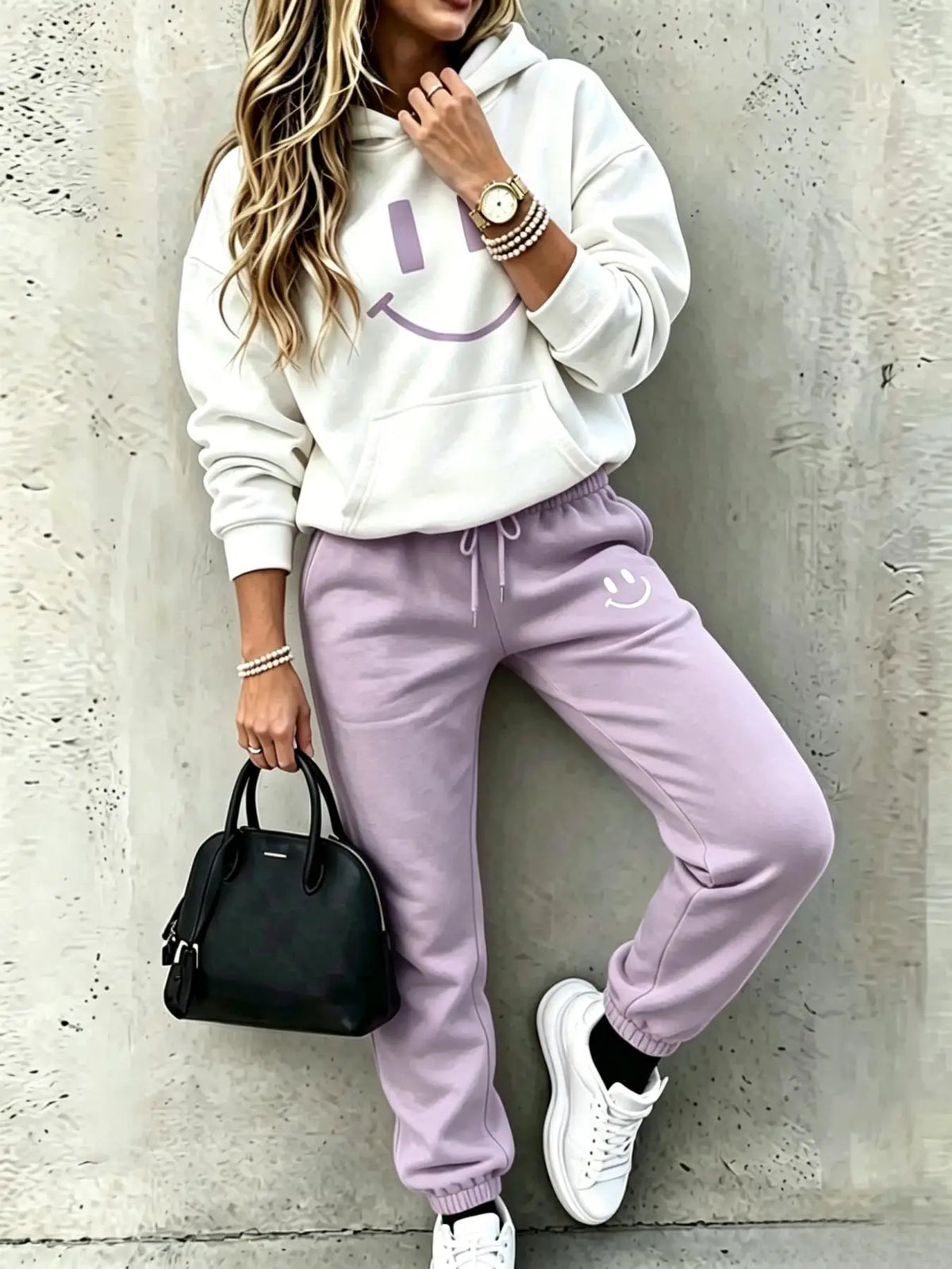 Women Smile Face Casual Hoodie And Jogger Tracksuit Set