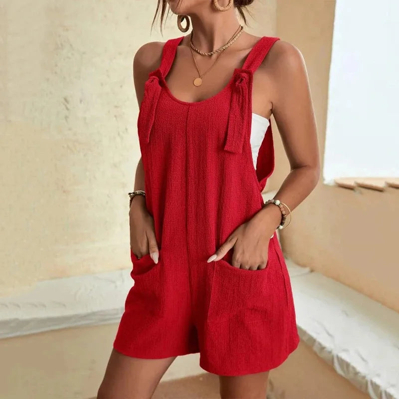 Women's Summer Jumpsuit Lace Up Wide Leg Romper With Pockets