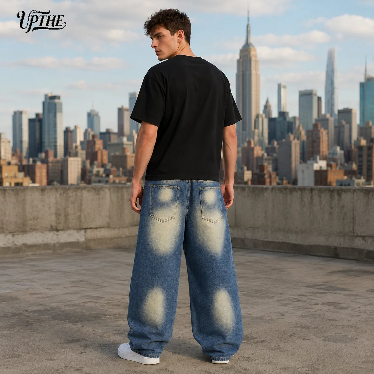 UPTHE Men's Distressed Embroidered Baggy Wide Leg Denim Jeans